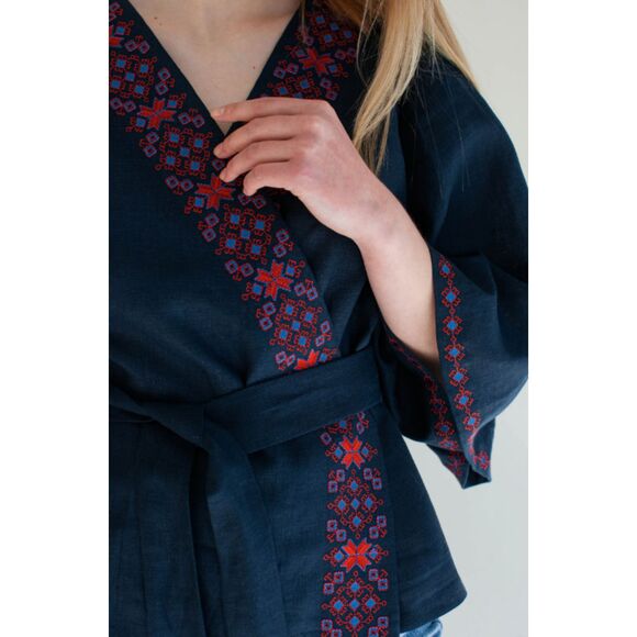 Etno Soul Blue Linen Embroidered Vyshyvanka Wrap Blouse Butterfly Sleeve No Belt - Picture 10 of 12